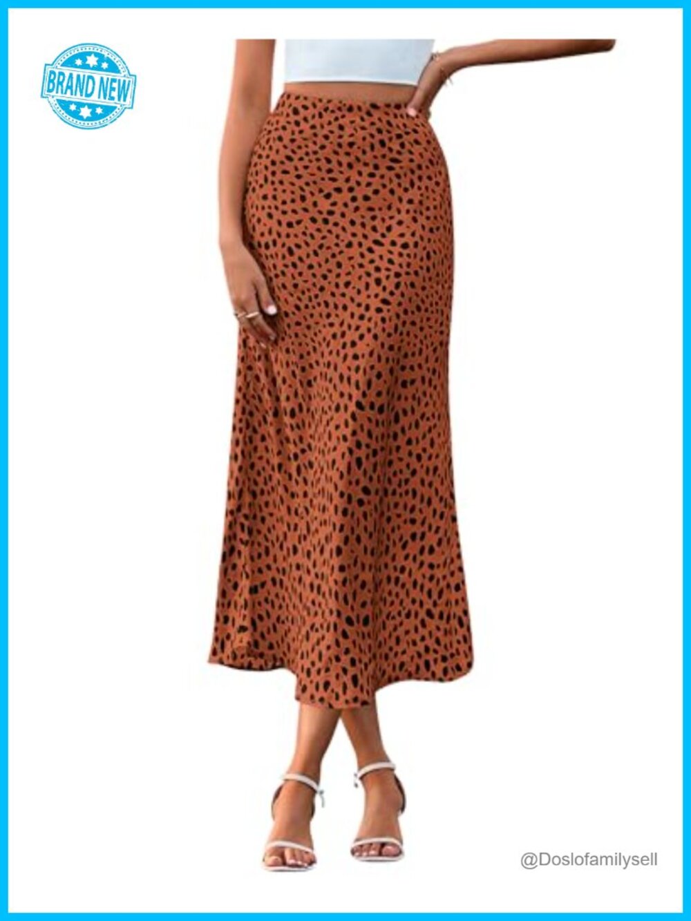 Satin Midi Skirt High Waisted A-Line Elastic Waist Flowy